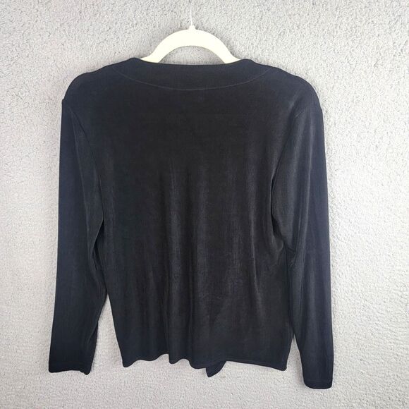 Chicos Travelers Black Tie Front Cardigan Size 0 Pink Silk Trim Stretch Knit - Picture 3 of 10